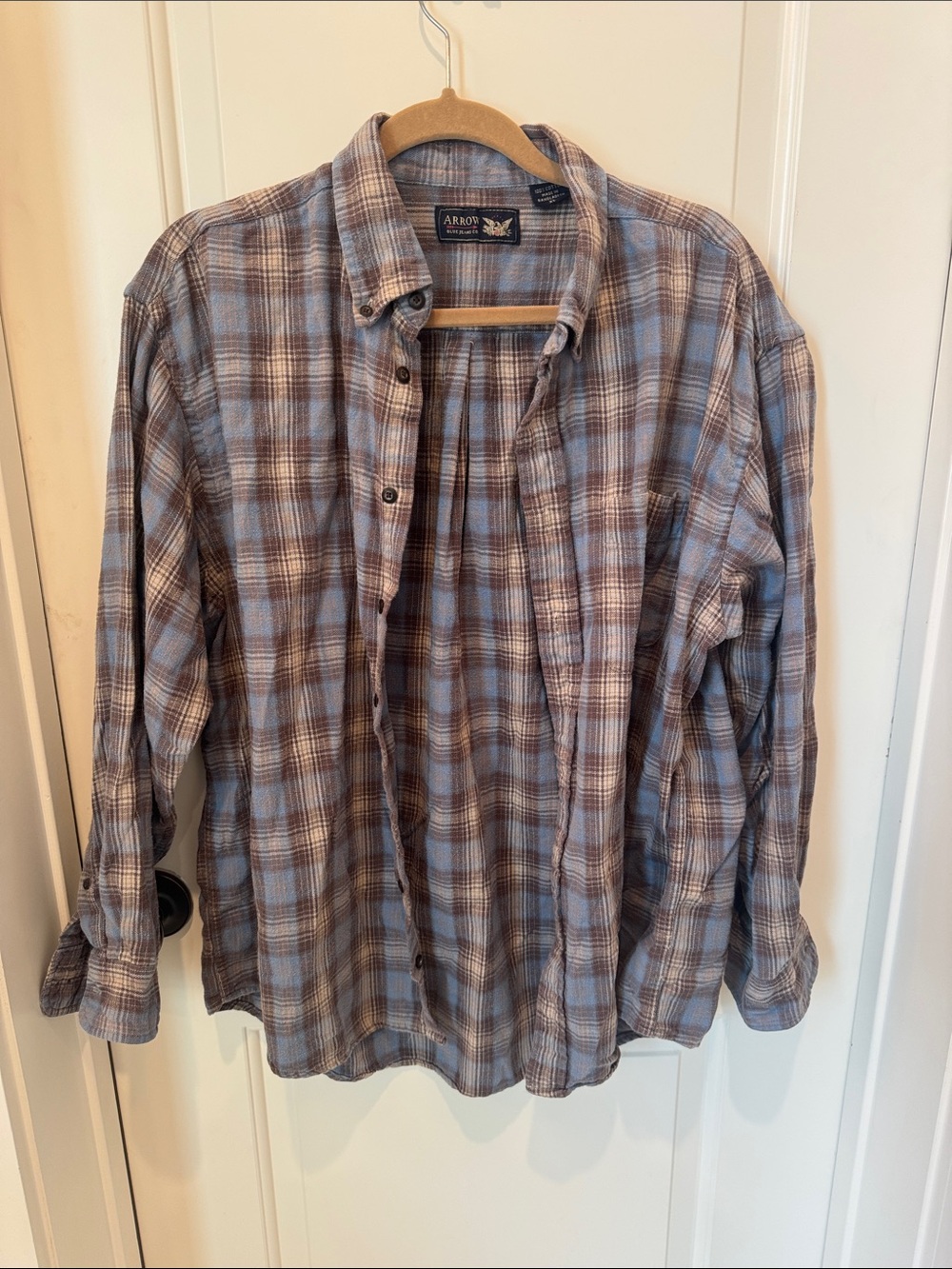 Arrow Men's Plaid Button-Down Shirt in Light Blue and Brown soft cotton cowboy